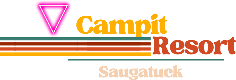 Colorful logo of Campit Resort in Saugatuck, featuring vibrant text and geometric shapes, ideal for camping enthusiasts.
